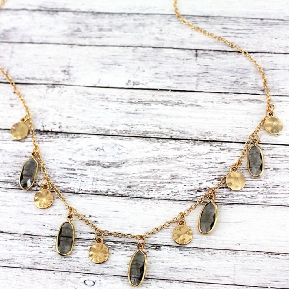 2/$15- BLACK OVAL GEMSTONE GOLDTONE CHARM NECKLACE
